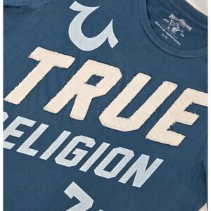 True Religion Mens Size XL T-Shirt Applique Spellout Teal Green Blue